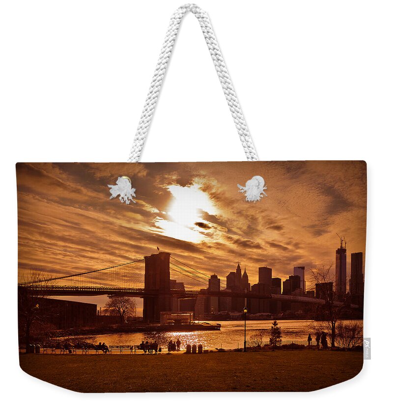 New York Weekender Tote Bag featuring the photograph New York Skyline and Brooklyn Bridge -- Late Afternoon by Mitchell R Grosky