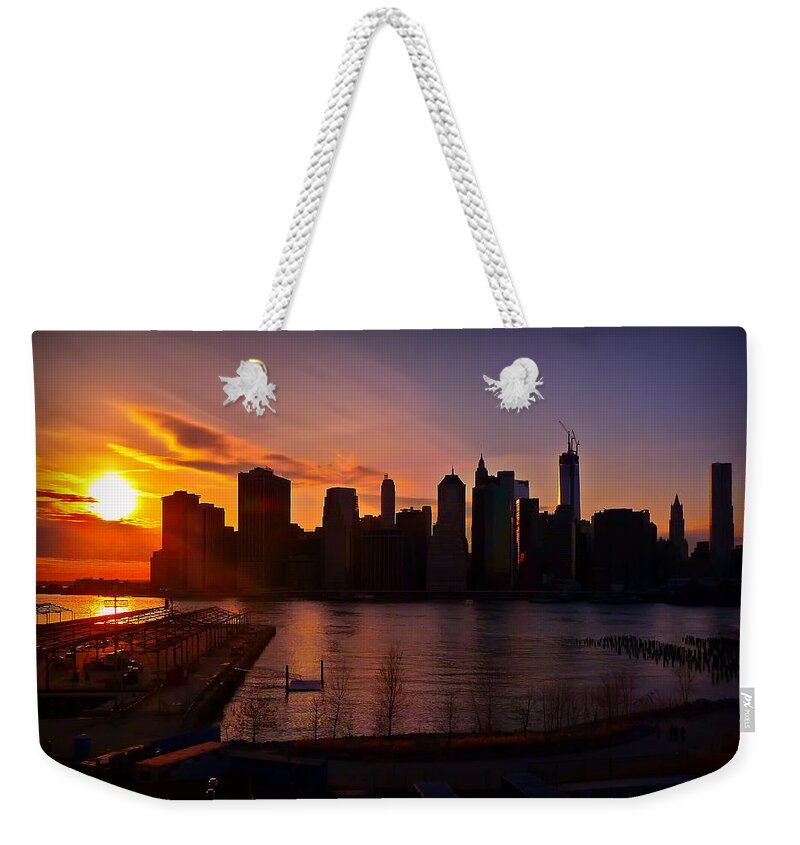 New York Weekender Tote Bag featuring the photograph New York Skyline Sunset -- from Brooklyn Heights Promenade by Mitchell R Grosky