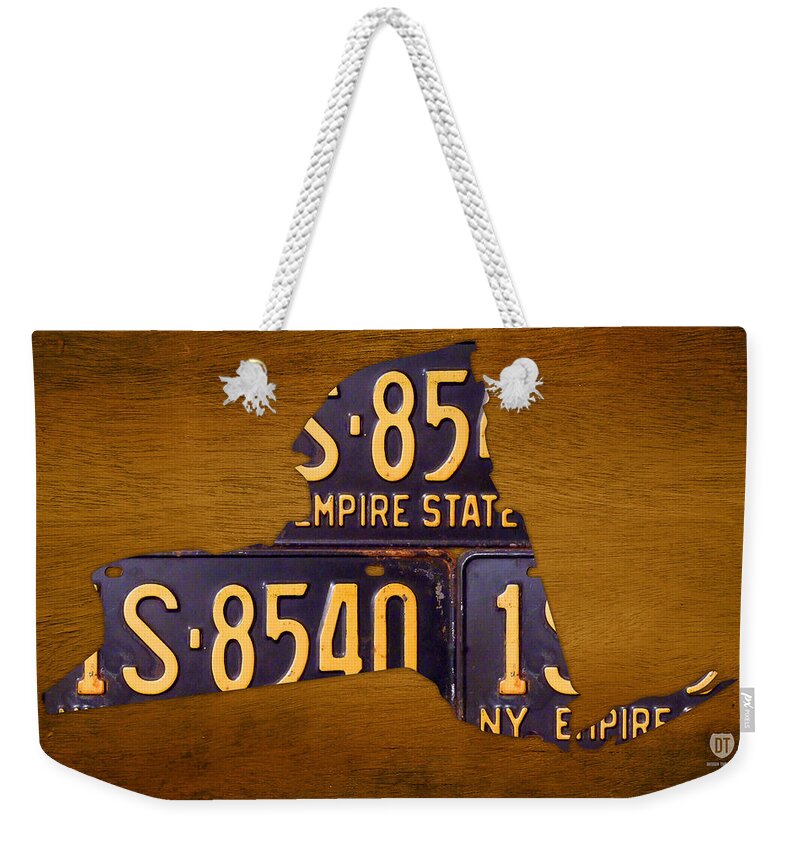 New York City Weekender Tote Bag featuring the mixed media New York State License Plate Map - Empire State Orange Edition by Design Turnpike