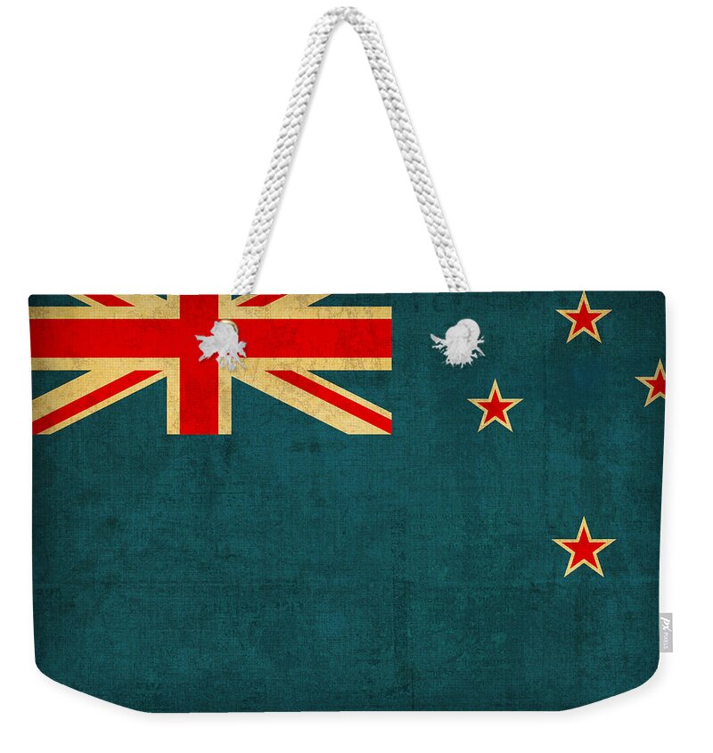 New Weekender Tote Bag featuring the mixed media New Zealand Flag Vintage Distressed Finish by Design Turnpike