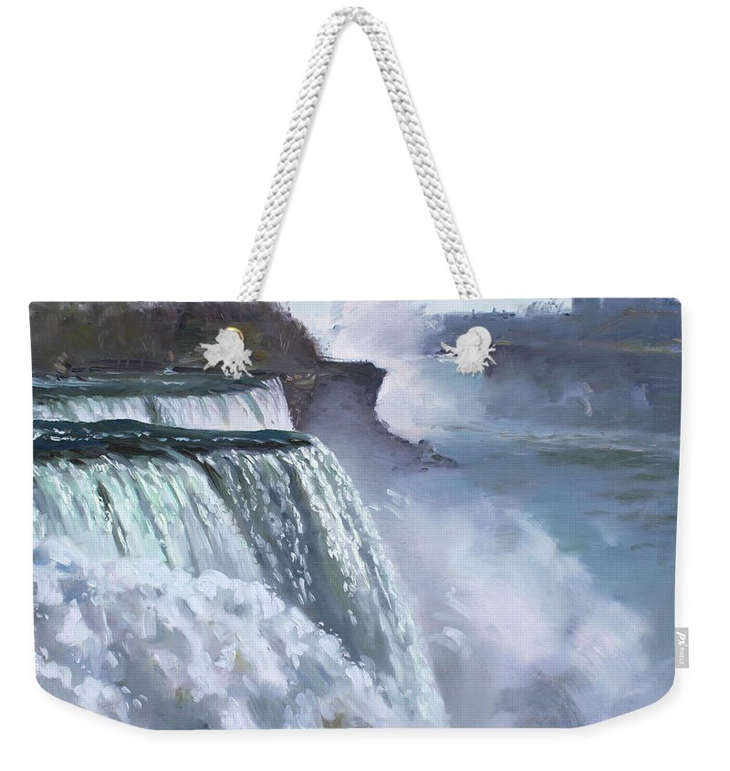 Niagara Falls Weekender Tote Bag featuring the painting Niagara American Falls by Ylli Haruni