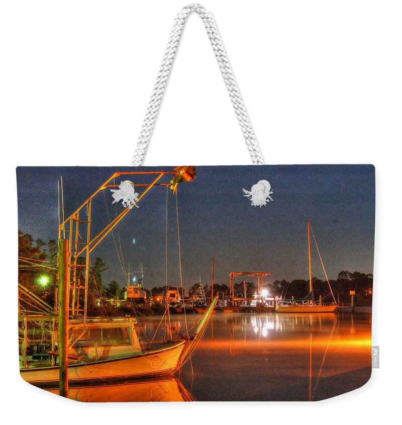 Alabama Weekender Tote Bag featuring the digital art Night in the Harbor by Michael Thomas
