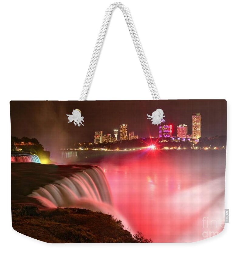 Niagara Falls Weekender Tote Bag featuring the photograph Nighttime Niagara Falls Panorama by Adam Jewell