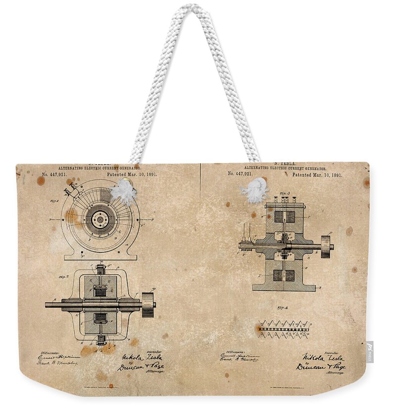 Wright Weekender Tote Bag featuring the digital art Nikola Tesla's Alternating Current Generator Patent 1891 by Paulette B Wright