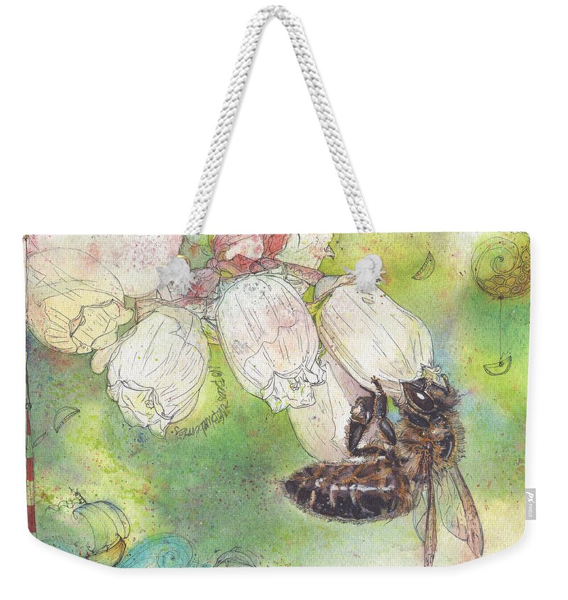 Bees Weekender Tote Bag featuring the painting No Bees - No Blueberries by Petra Rau