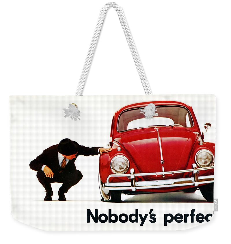 Nobodys Perfect Weekender Tote Bag featuring the digital art Nobodys Perfect - Volkswagen Beetle Ad by Georgia Fowler