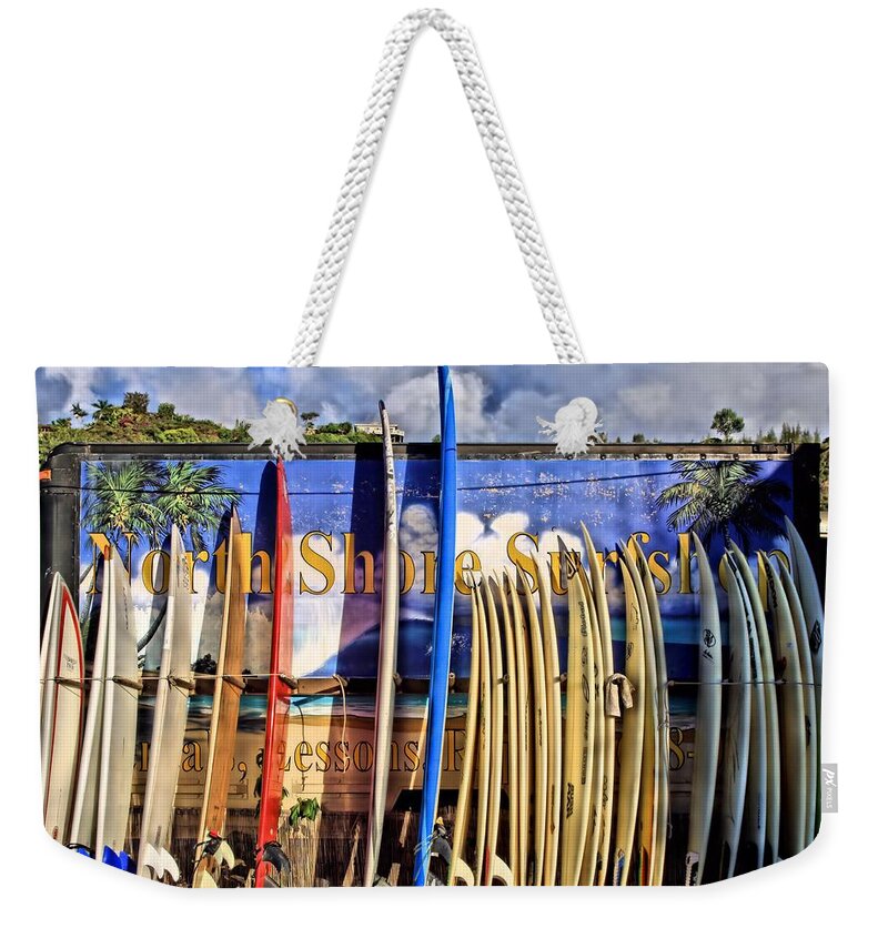 North Shore Weekender Tote Bag featuring the photograph North Shore Surf Shop by DJ Florek
