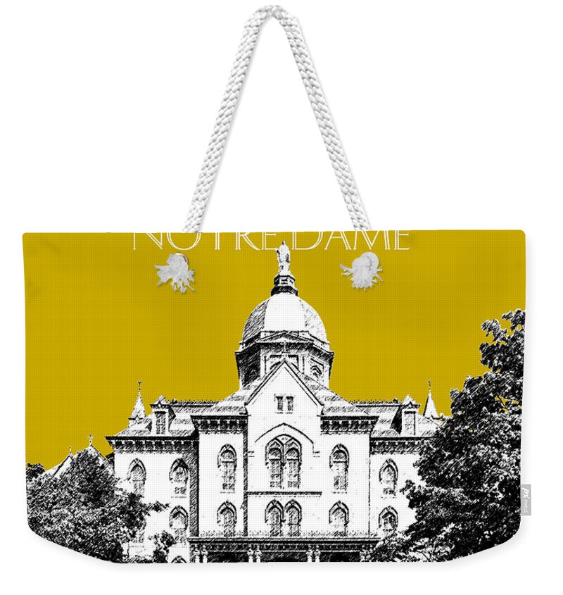 Architecture Weekender Tote Bag featuring the digital art Notre Dame University Skyline Main Building - Gold by DB Artist