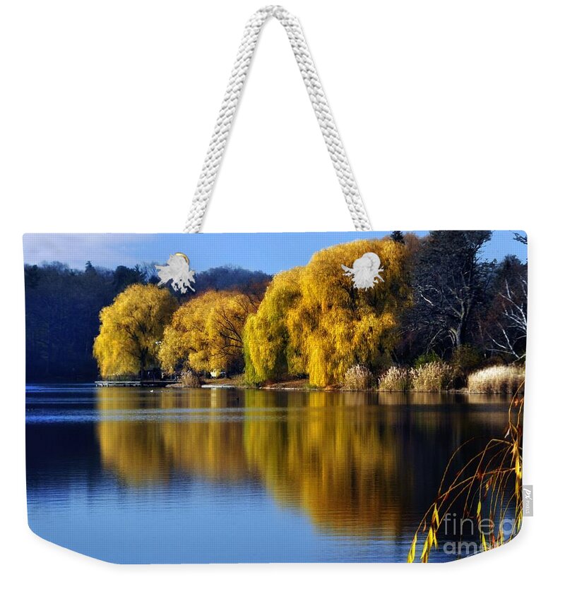 Season Weekender Tote Bag featuring the photograph Autumn Weeping Willows by Elaine Manley
