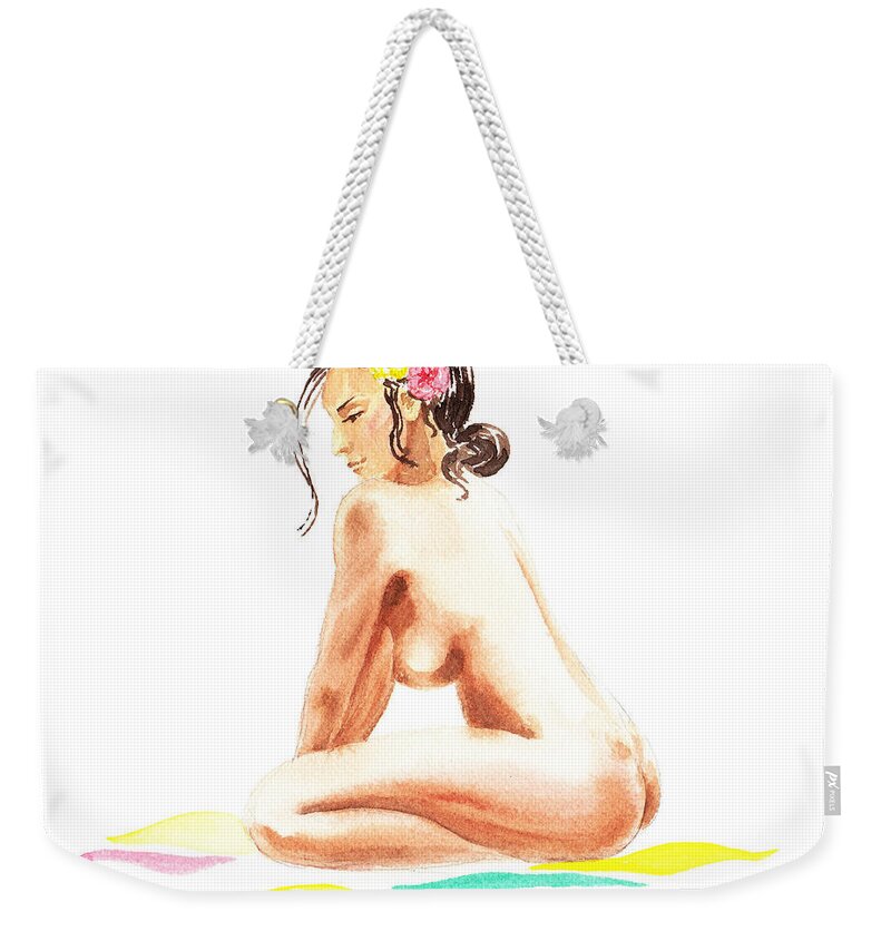 Nude Weekender Tote Bag featuring the painting Nude Model Gesture XVI Tropical Flower by Irina Sztukowski