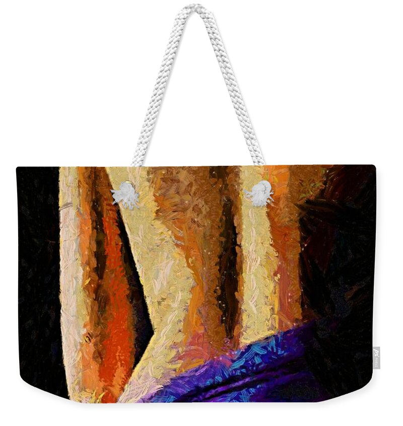 Figuratively Weekender Tote Bag featuring the painting Nude with purple scarf by Dragica Micki Fortuna