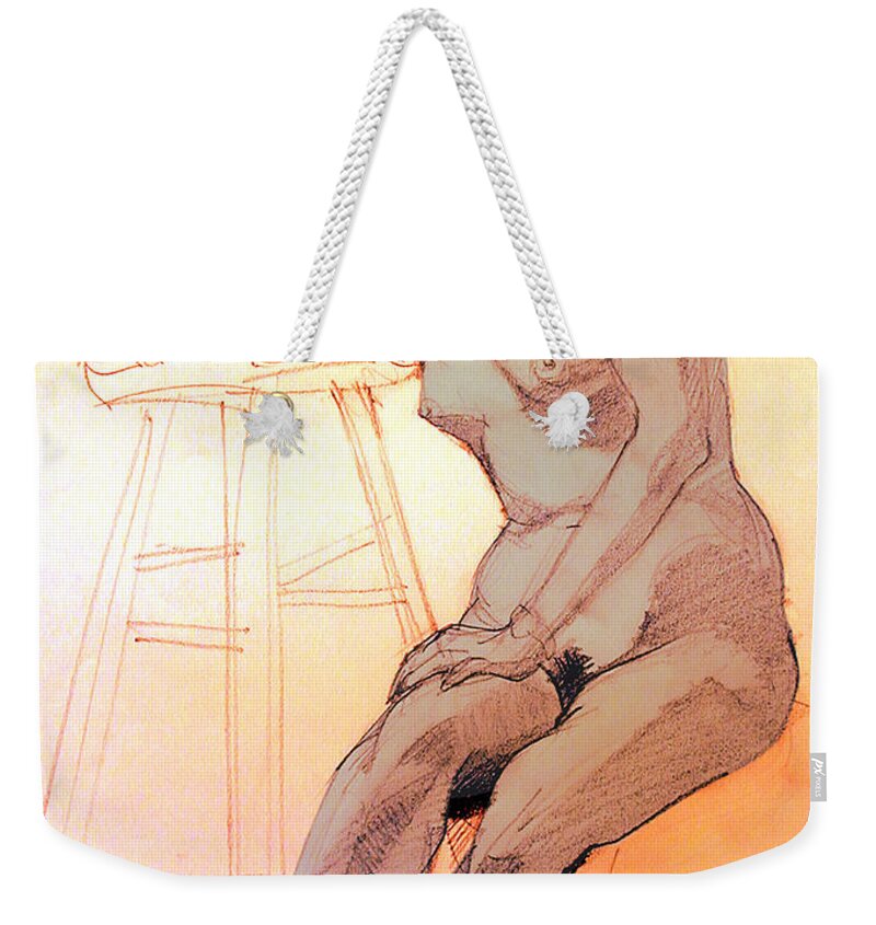 Nude Weekender Tote Bag featuring the drawing Nude woman leaning on a barstool by Greta Corens