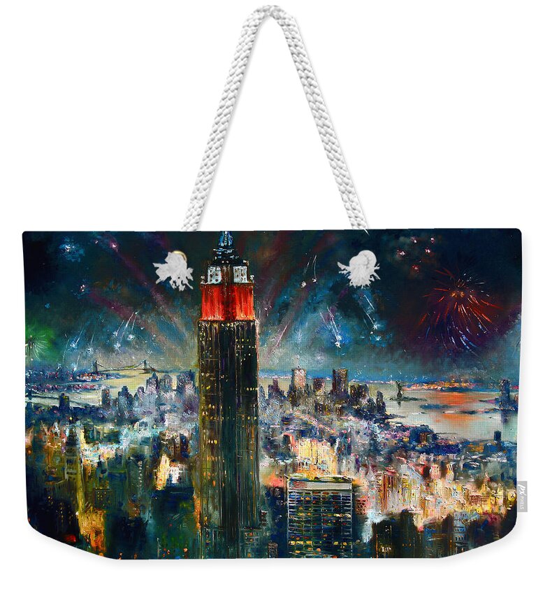 Nyc Weekender Tote Bag featuring the painting NYC in Fourth of July Independence Day by Ylli Haruni