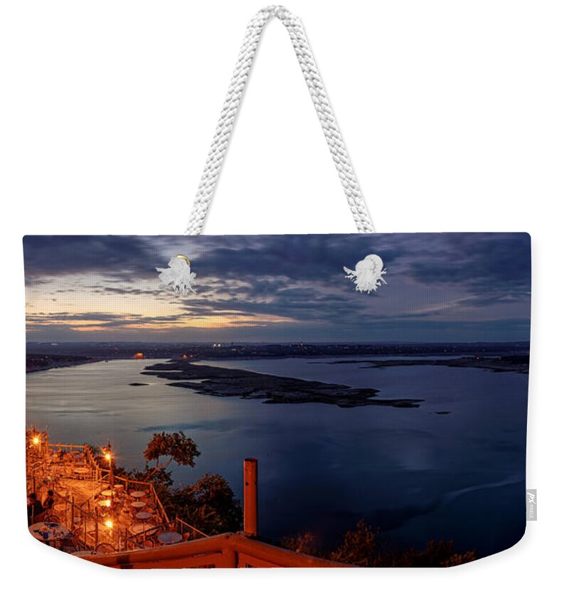 Texas Weekender Tote Bag featuring the photograph Oasis on Lake Travis Panorama Austin Texas by Silvio Ligutti