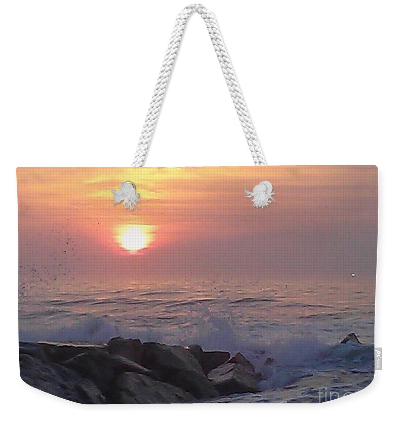 Ocean City Maryland Weekender Tote Bag featuring the photograph Ocean City Inlet Jetty at Sunrise by Robert Banach