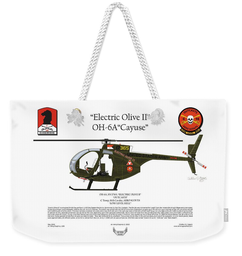 Helicopter Weekender Tote Bag featuring the digital art OH-6A Electric Olive II Loach by Arthur Eggers