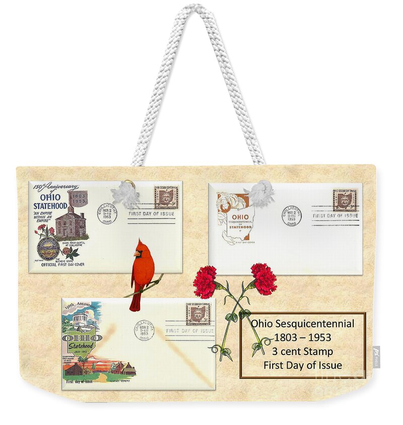 Ohio Weekender Tote Bag featuring the digital art Ohio Sesquicentennial First Day Covers by Charles Robinson