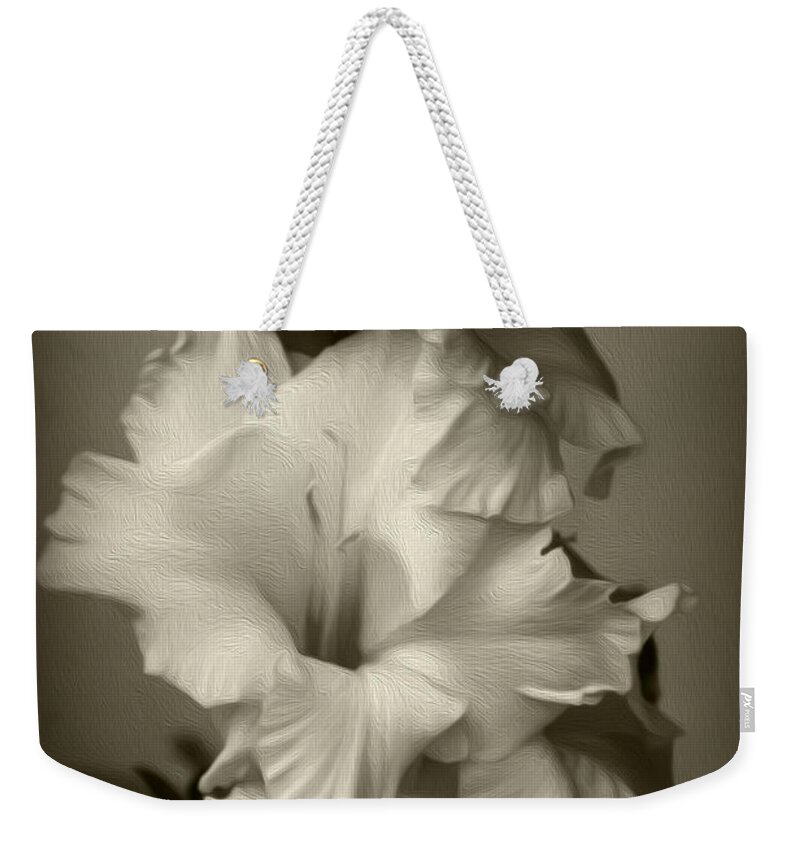 Gladiolus Weekender Tote Bag featuring the photograph Oil Style Antiqued Gladiolus by Jeanette C Landstrom
