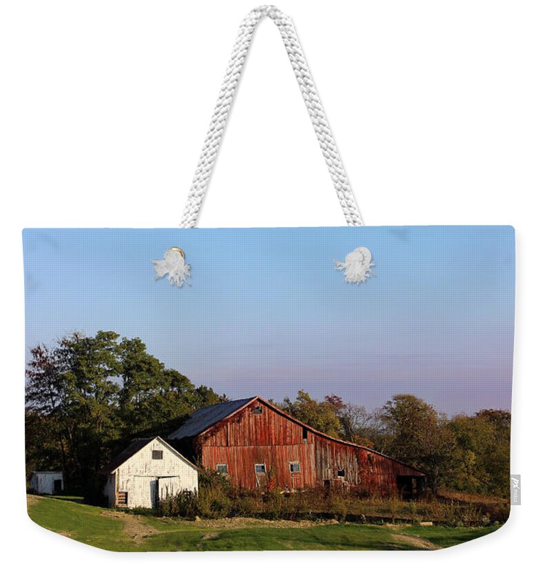 Barn Weekender Tote Bag featuring the photograph Old Barn at Sunset by Karen Adams