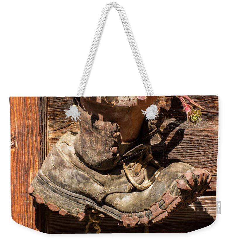 Old Boot Weekender Tote Bag featuring the photograph Old Boot Potted Plant - Swiss Alps by Gary Whitton