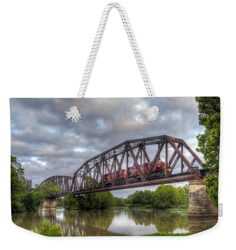 A&m Railroad Weekender Tote Bag featuring the photograph Old Frisco Bridge by James Barber