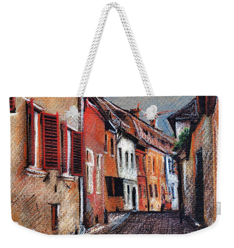 Street Weekender Tote Bag featuring the drawing Old medieval street in Sighisoara citadel Romania by Daliana Pacuraru
