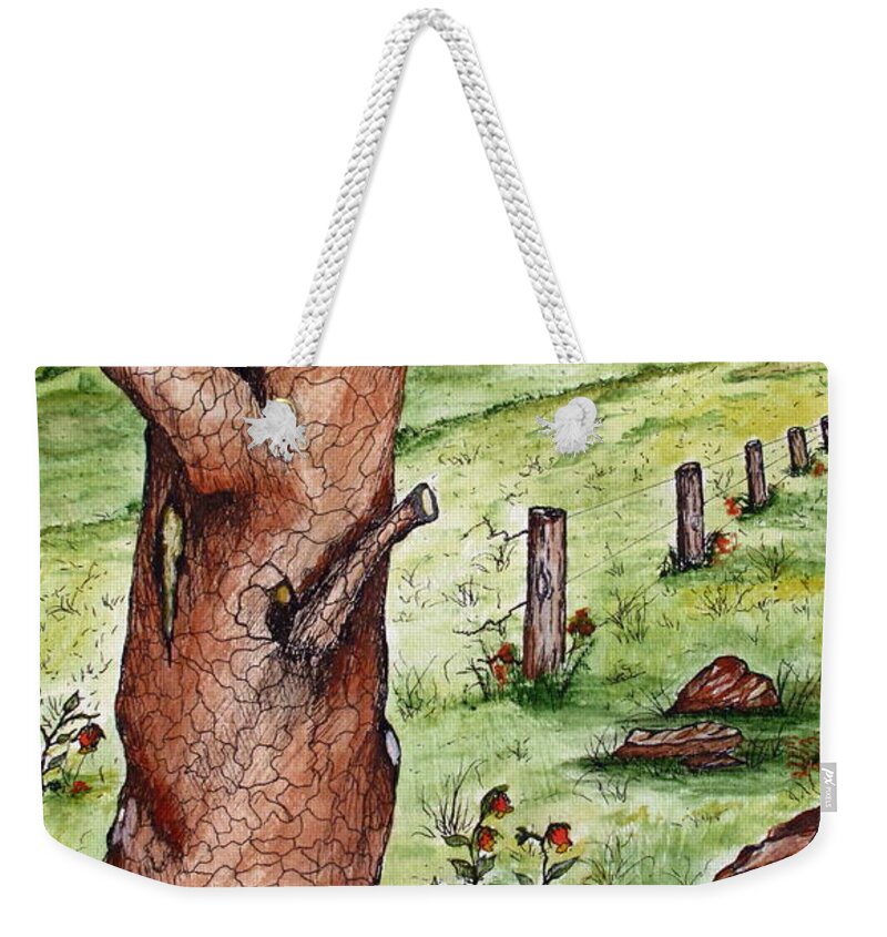 Oak Weekender Tote Bag featuring the painting Old Oak Tree with Birds' Nest by Ashley Goforth