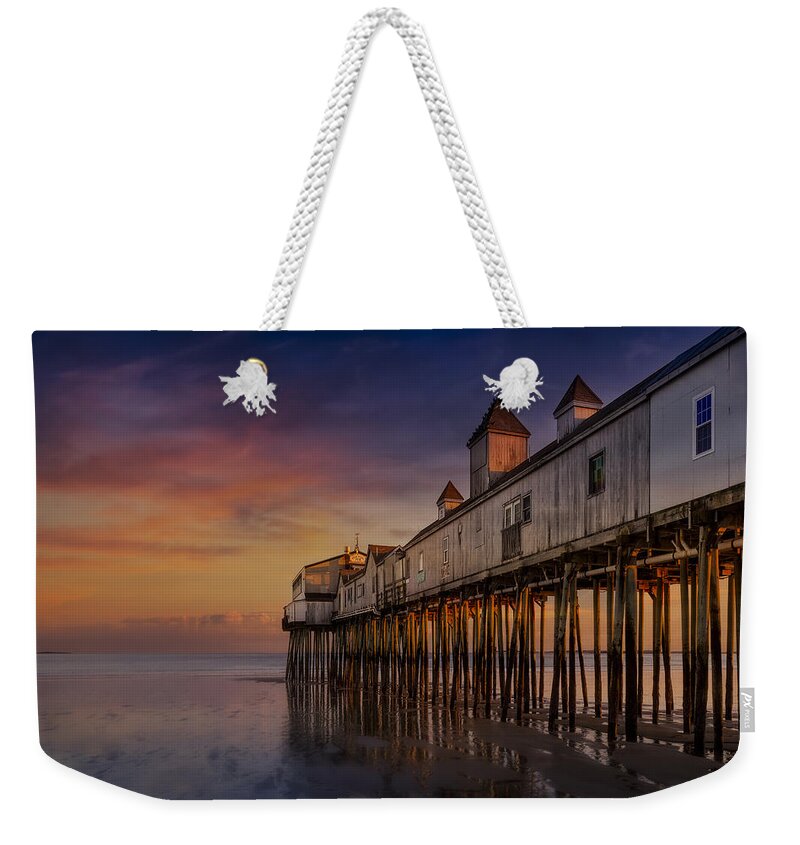 Old Orchard Beach Weekender Tote Bag featuring the photograph Old Orchard Beach Pier Sunset by Susan Candelario