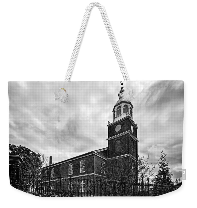 Old Otterbein United Methodist Church Weekender Tote Bag featuring the photograph Old Otterbein Church in Black and White by Bill Swartwout