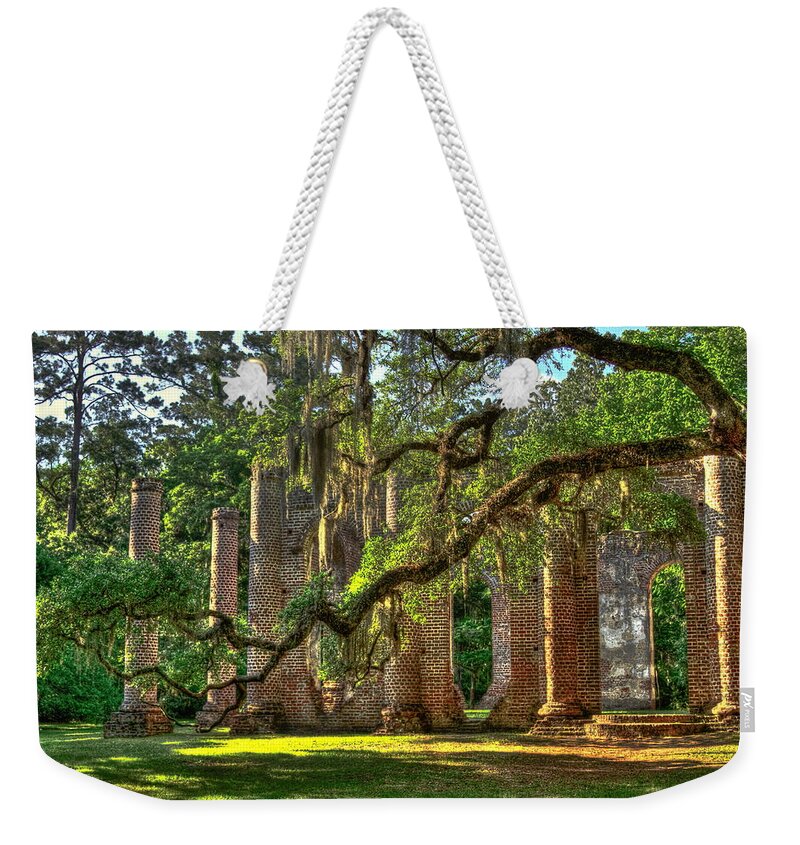 Reid Callaway Old Sheldon Church Weekender Tote Bag featuring the photograph Old Sheldon Church Majestic Live Oak Trees South Carolina Low Country Architectural Art by Reid Callaway