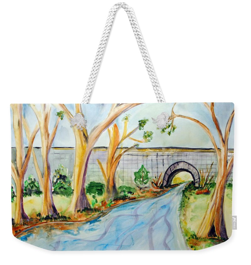 Nature Weekender Tote Bag featuring the painting Old Stone Bridge by Donna Blackhall