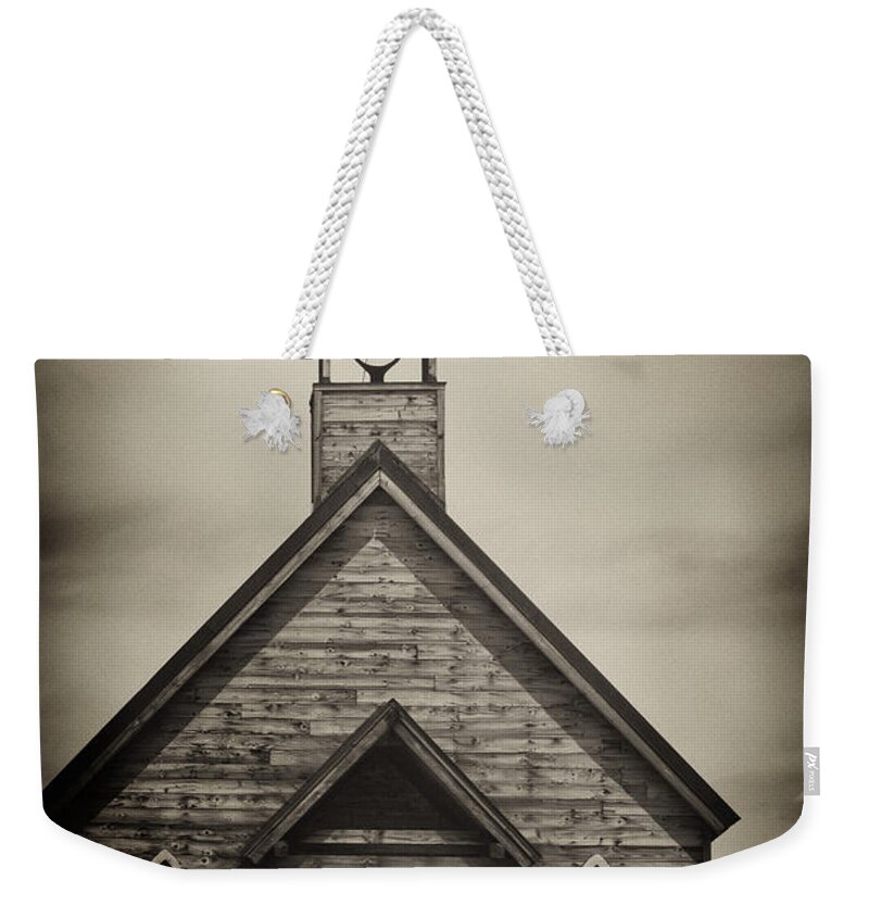 Building; Church; Wooden; Door; Steeple; Bell; Cross; Exterior; Religious; Sanctuary; Sepia; Old; Aged; Chapel; Doorway; Entrance; Facade; Wood; Religion Weekender Tote Bag featuring the photograph Old Wooden Sanctuary by Margie Hurwich