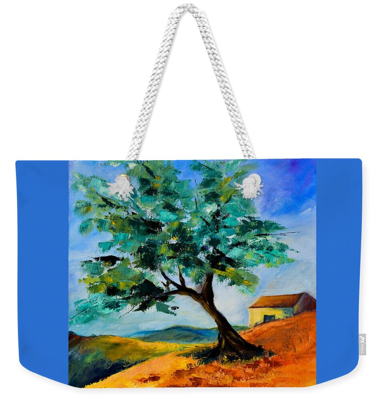 Olive Weekender Tote Bag featuring the painting Olive Tree on the Hill by Elise Palmigiani