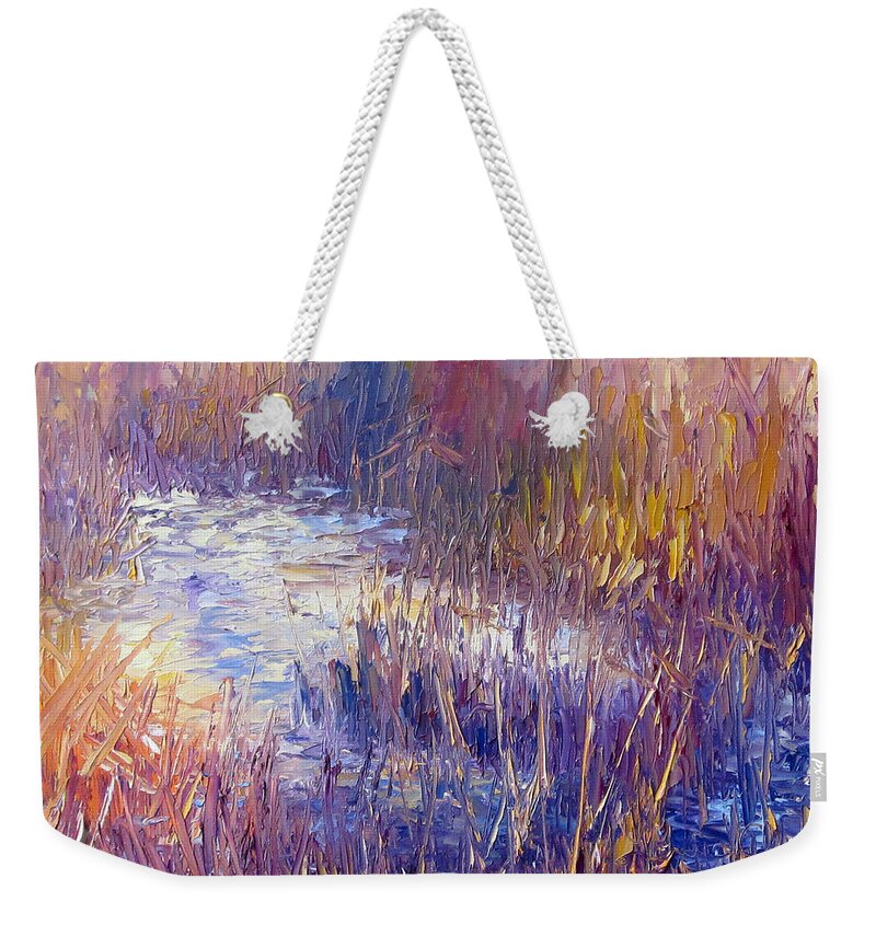 Snow Weekender Tote Bag featuring the painting On Frozen Pond by Terry Chacon