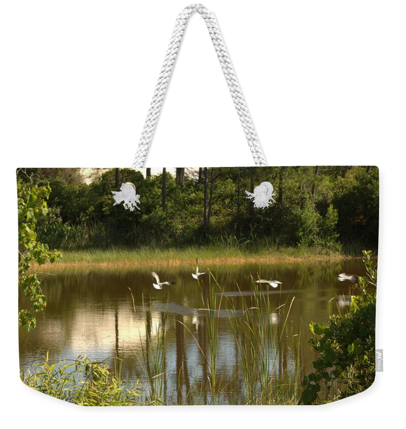 St George Island Weekender Tote Bag featuring the photograph On Golden Pond by Debra Forand