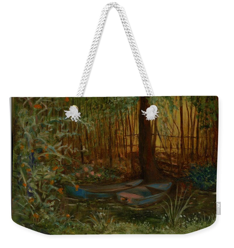  Oil On Canvas Weekender Tote Bag featuring the painting On Monet's Pond by Kathy Knopp