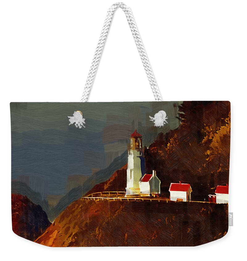 Lighthouse Weekender Tote Bag featuring the painting On The Bluff by Kirt Tisdale