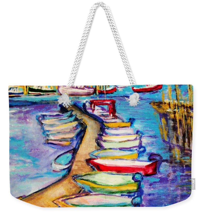 Sailboard Weekender Tote Bag featuring the painting On The Boardwalk by Helena Bebirian