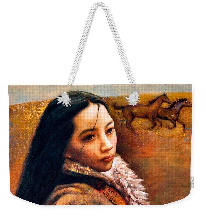 Girl Weekender Tote Bag featuring the painting On the High Plateau by Shijun Munns
