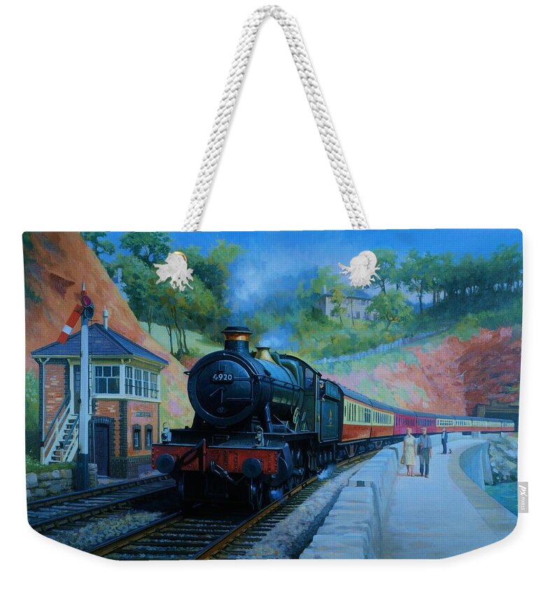 Train Weekender Tote Bag featuring the painting On the sea wall. by Mike Jeffries