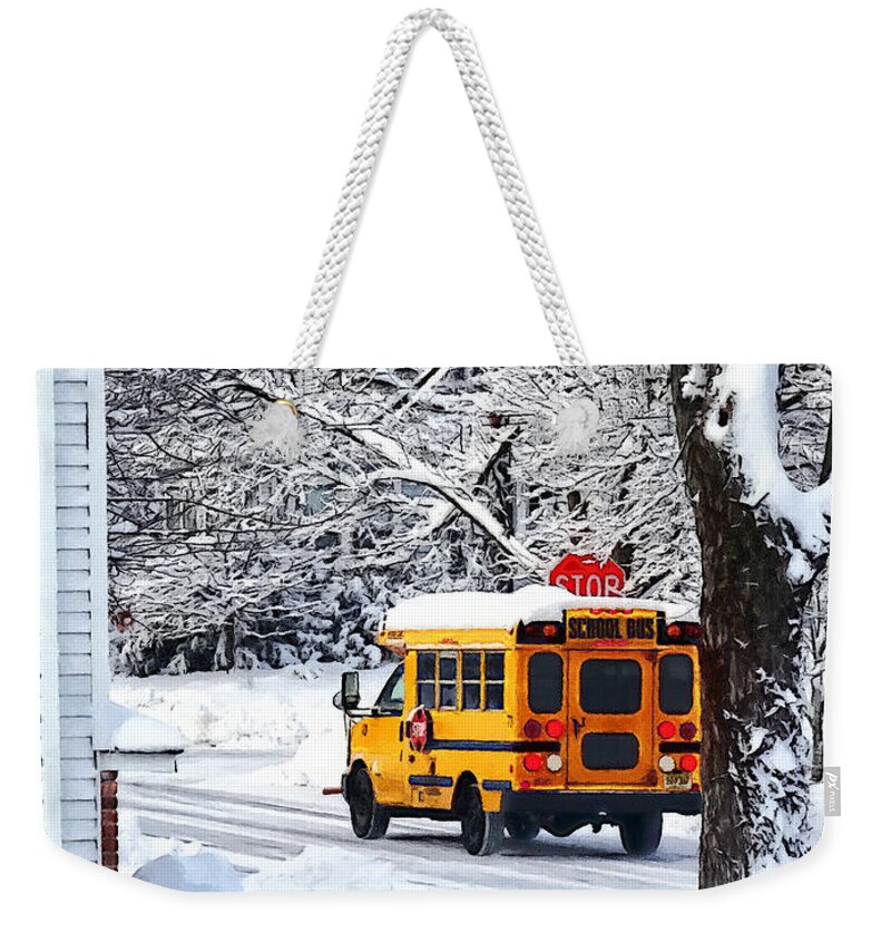 Bus Weekender Tote Bag featuring the photograph On the Way to School in Winter by Susan Savad