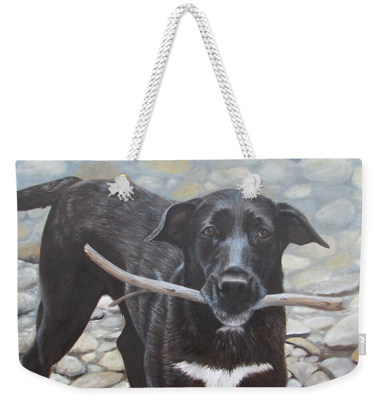 Black Lab Cross Weekender Tote Bag featuring the painting One More Time by Tammy Taylor