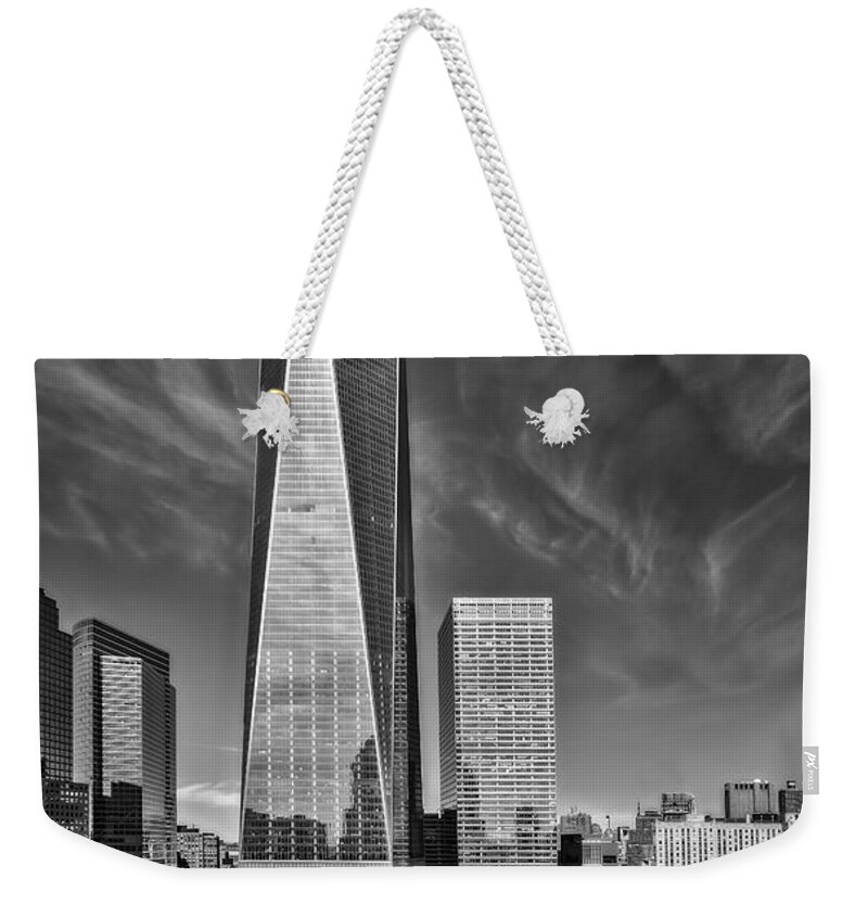 World Trade Center Weekender Tote Bag featuring the photograph One World Trade Center Reflecting Pools BW by Susan Candelario