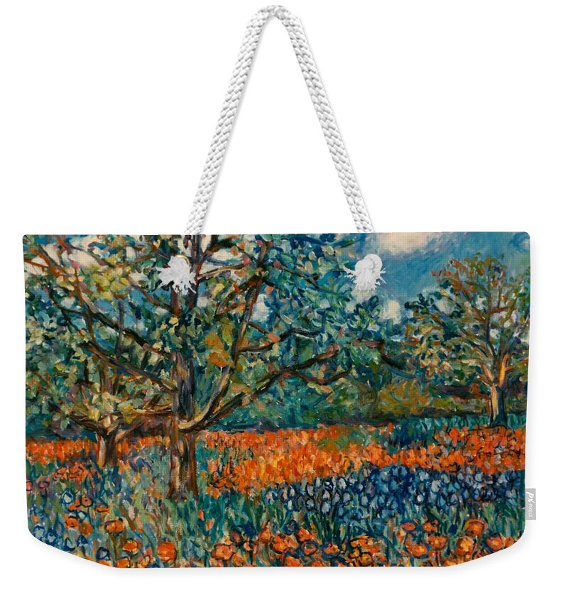 Flowers Weekender Tote Bag featuring the painting Orange and Blue Flower Field by Kendall Kessler