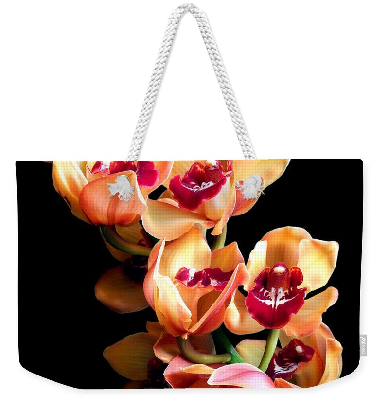 Flowers Weekender Tote Bag featuring the photograph Orange Cymbidium Still Life Flower Art Poster by Lily Malor