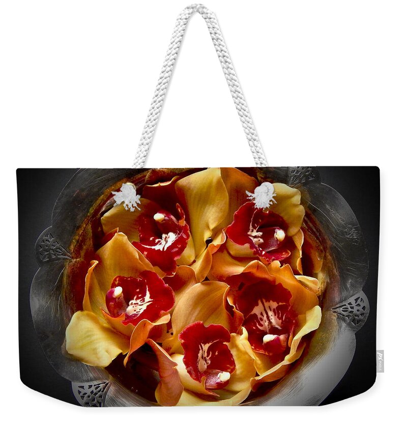 Flowers Weekender Tote Bag featuring the photograph Orchids in a Silver Bowl Still Life Flower Art Poster by Lily Malor