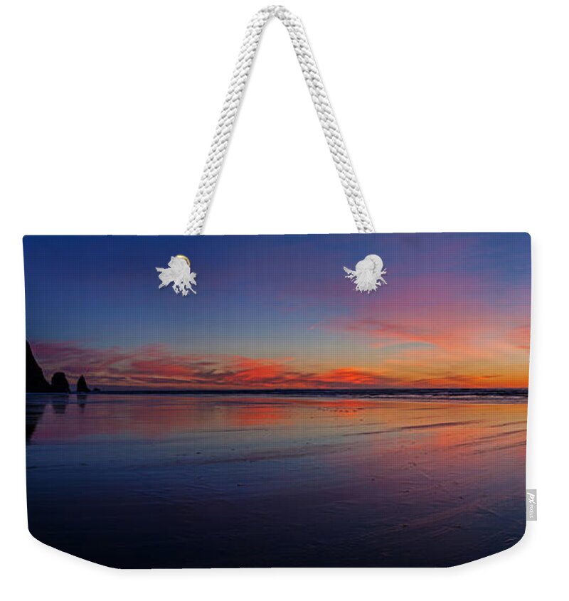 Cannon Beach Weekender Tote Bag featuring the photograph Oregon Coast Sunset Sandscape by Mike Reid