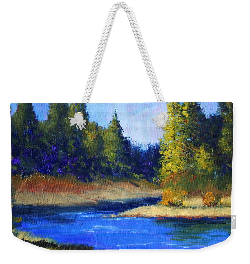 Oregon Weekender Tote Bag featuring the painting Oregon River Landscape by Nancy Merkle