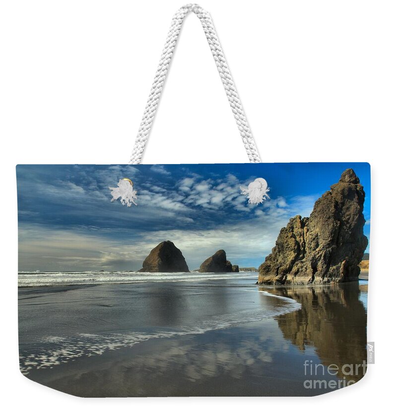 Meyers Creek Weekender Tote Bag featuring the photograph Oregon Sea Stack Surf by Adam Jewell