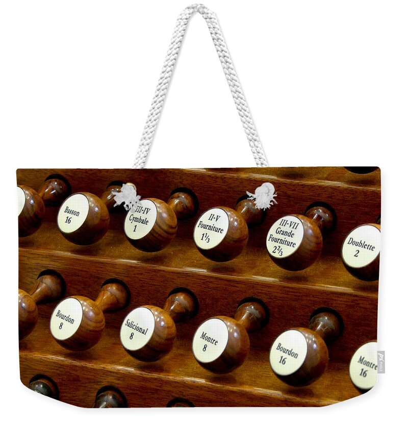 Organ Weekender Tote Bag featuring the photograph Organ stop knobs by Jenny Setchell